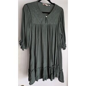 Fusion Midi Dress Women M Green Floral 3/4 Sleeve Boho Beaded Flowy